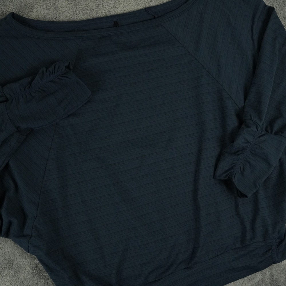prAna Ridgeview Top Womens Medium Navy Blue Ruched 3/4 Sleeve Boat Neck